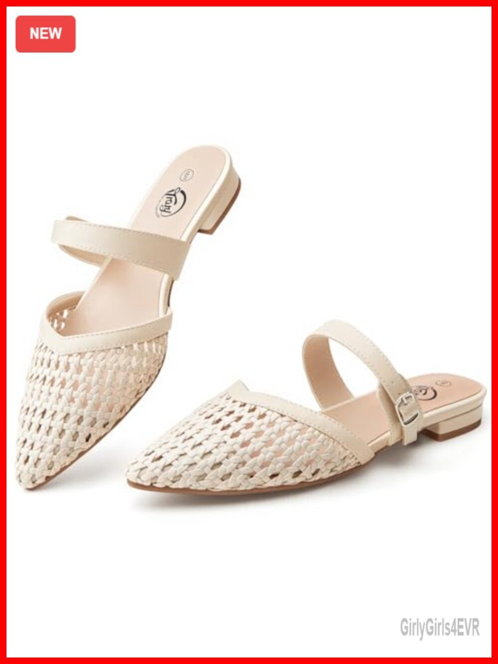 Women's Woven Cutout Mules Pointed Toe Faux Leather Slip On Flats Buckle
